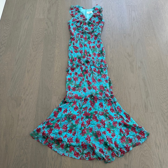 SALONI Rita Silk Maxi Dress Teal Blue Aquarium Floral Ruffle Sleeveless - US 2 - Picture 2 of 12
